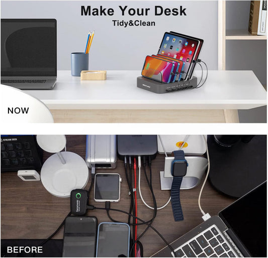 5 Port Multi USB-A Charger Station Designed for Iphone Ipad Cell Phones and Tablets (7 Short Cables Included)