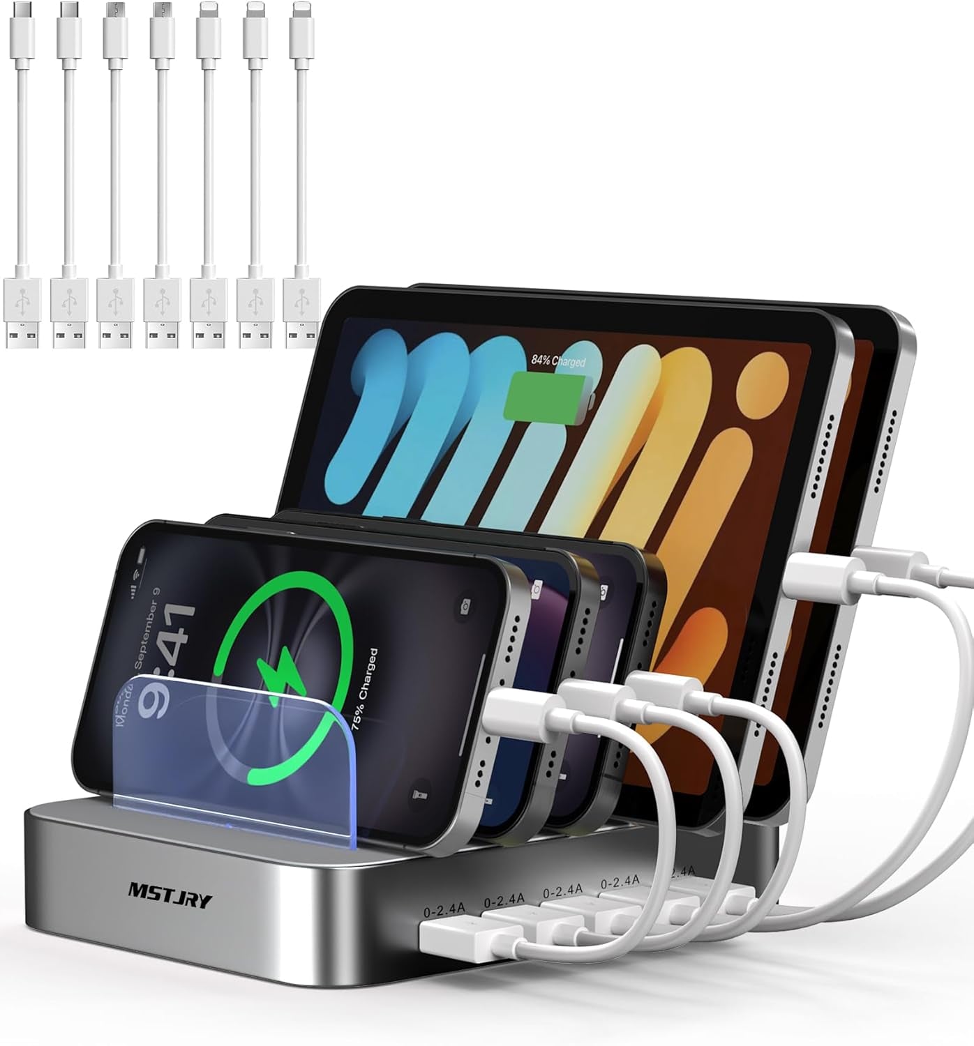 5 Port Multi USB-A Charger Station Designed for Iphone Ipad Cell Phones and Tablets (7 Short Cables Included)