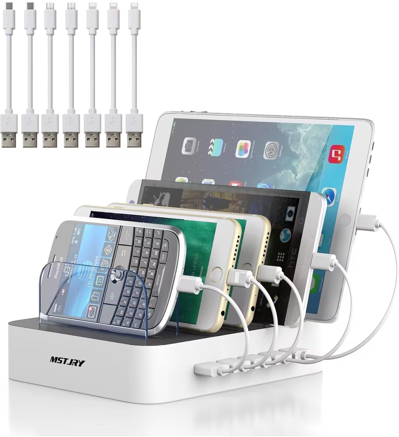 5 Port Multi USB-A Charger Station Designed for Iphone Ipad Cell Phones and Tablets (7 Short Cables Included)