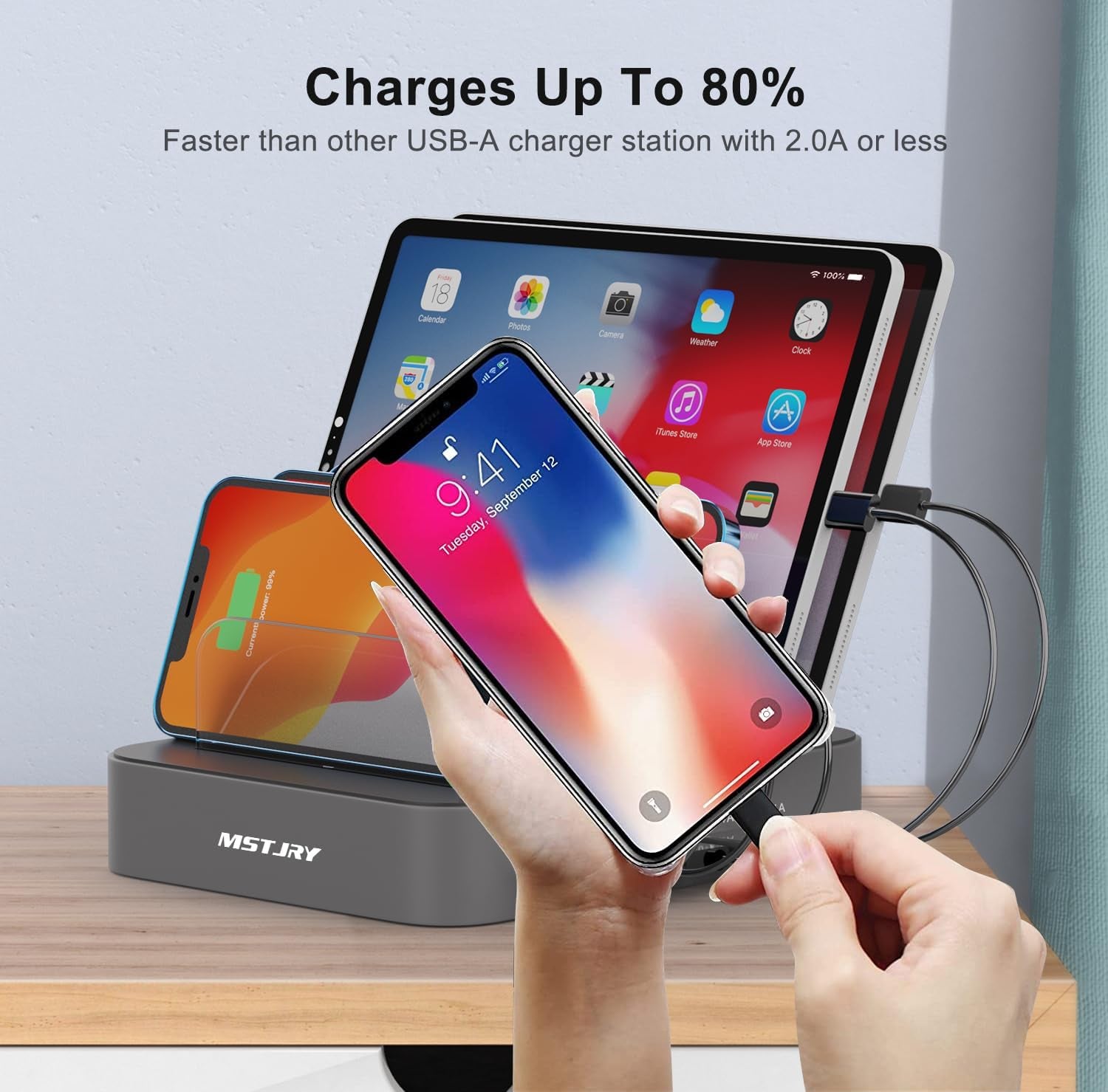 5 Port Multi USB-A Charger Station Designed for Iphone Ipad Cell Phones and Tablets (7 Short Cables Included)