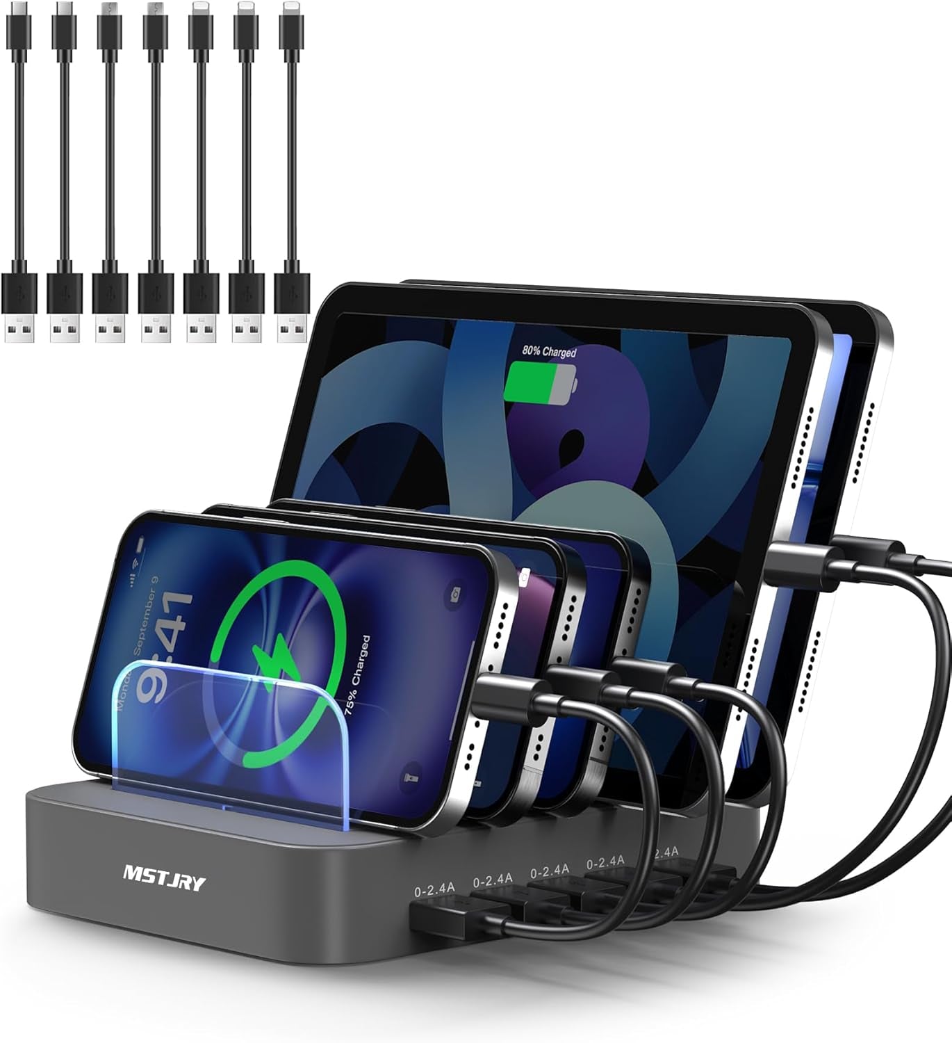 5 Port Multi USB-A Charger Station Designed for Iphone Ipad Cell Phones and Tablets (7 Short Cables Included)