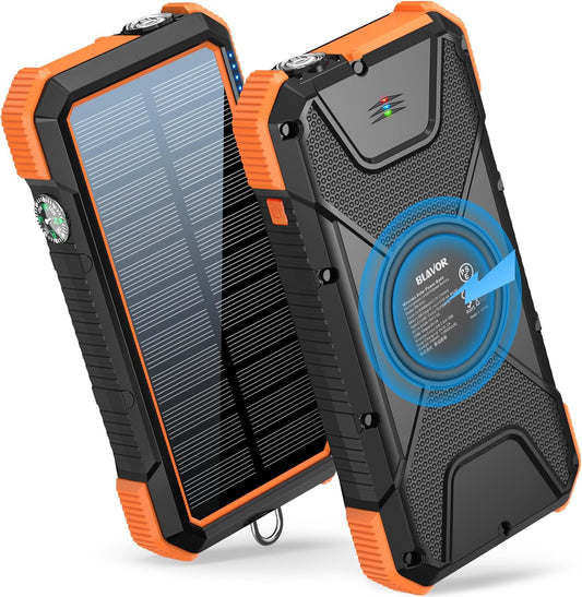 20000Mah Solar Powered, Fast Charging 10W Wireless Charger  Powerbank with Type C Input/Output, IPX5 Waterproof, Camping Flashlight, Compass, Carabiner
