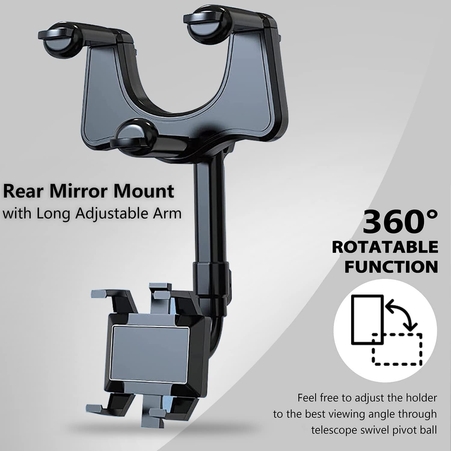 360° Rotating Rear View Mirror Phone Mount with Adjustable Arm Length