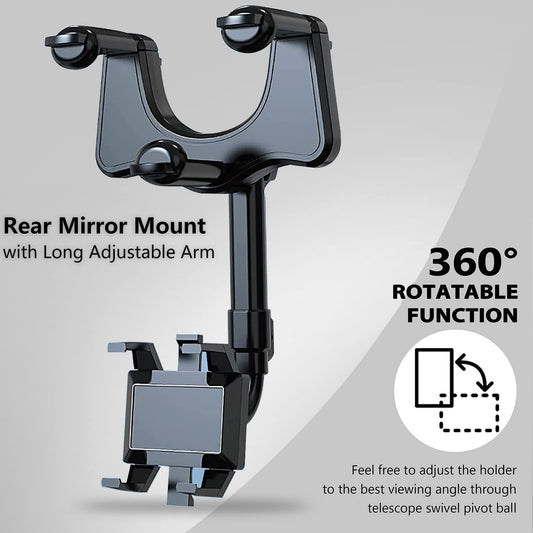 360° Rotating Rear View Mirror Phone Mount with Adjustable Arm Length