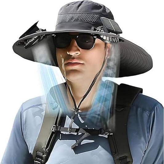 Solar Fan Hat, Wide Brim Solar Fan Hat, Outdoor Wide Brim Sun with 2 Solar Fans Fishing Hat - Removable & USB Charging Fan