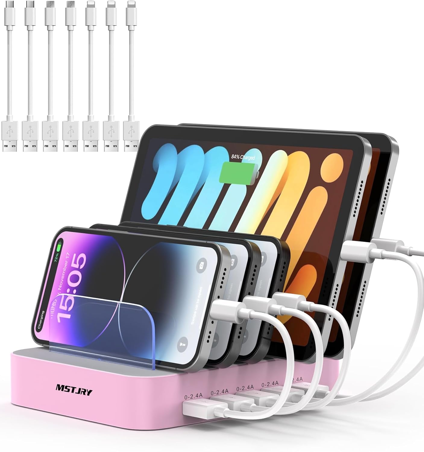 5 Port Multi USB-A Charger Station Designed for Iphone Ipad Cell Phones and Tablets (7 Short Cables Included)