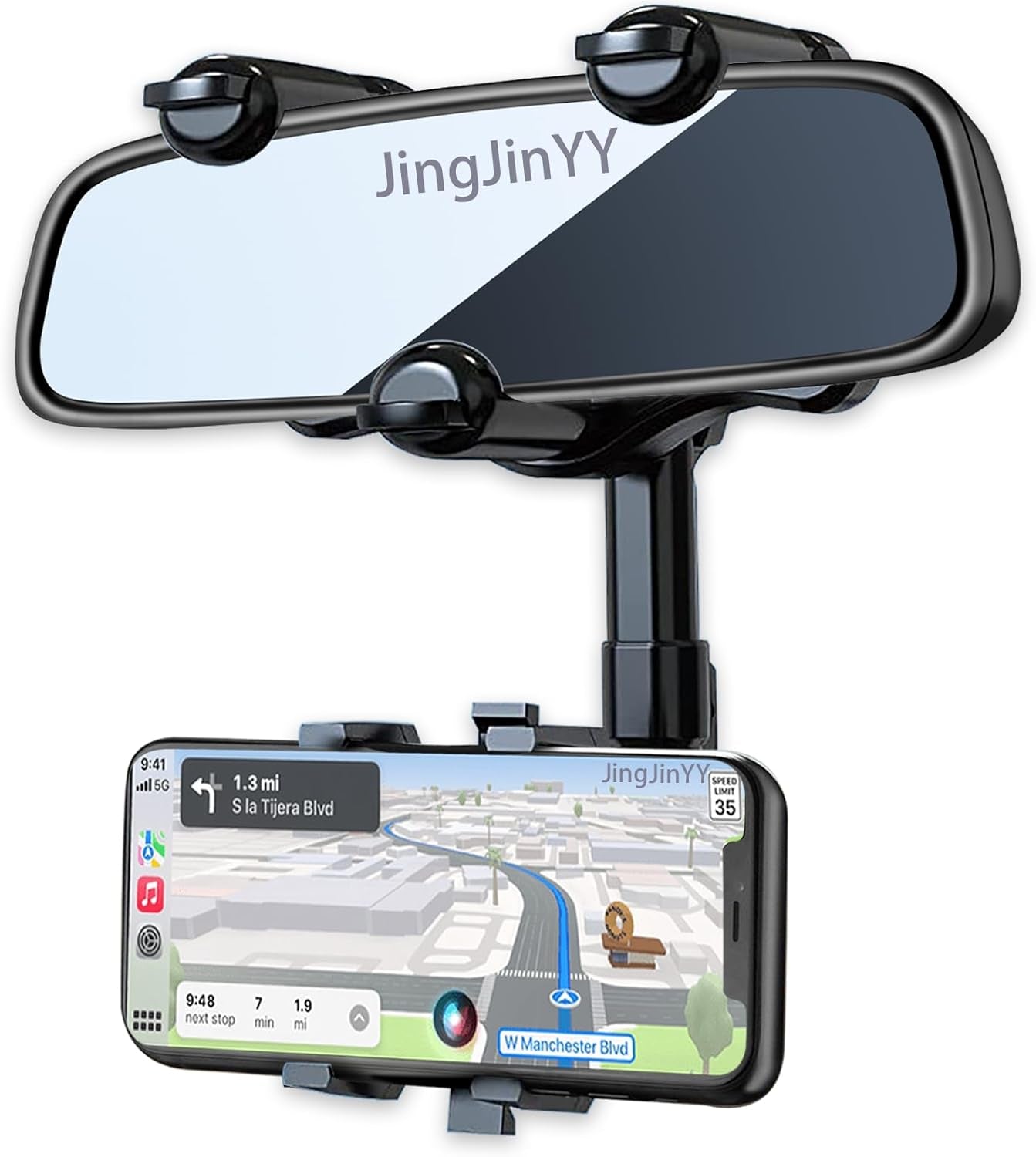 360° Rotating Rear View Mirror Phone Mount with Adjustable Arm Length