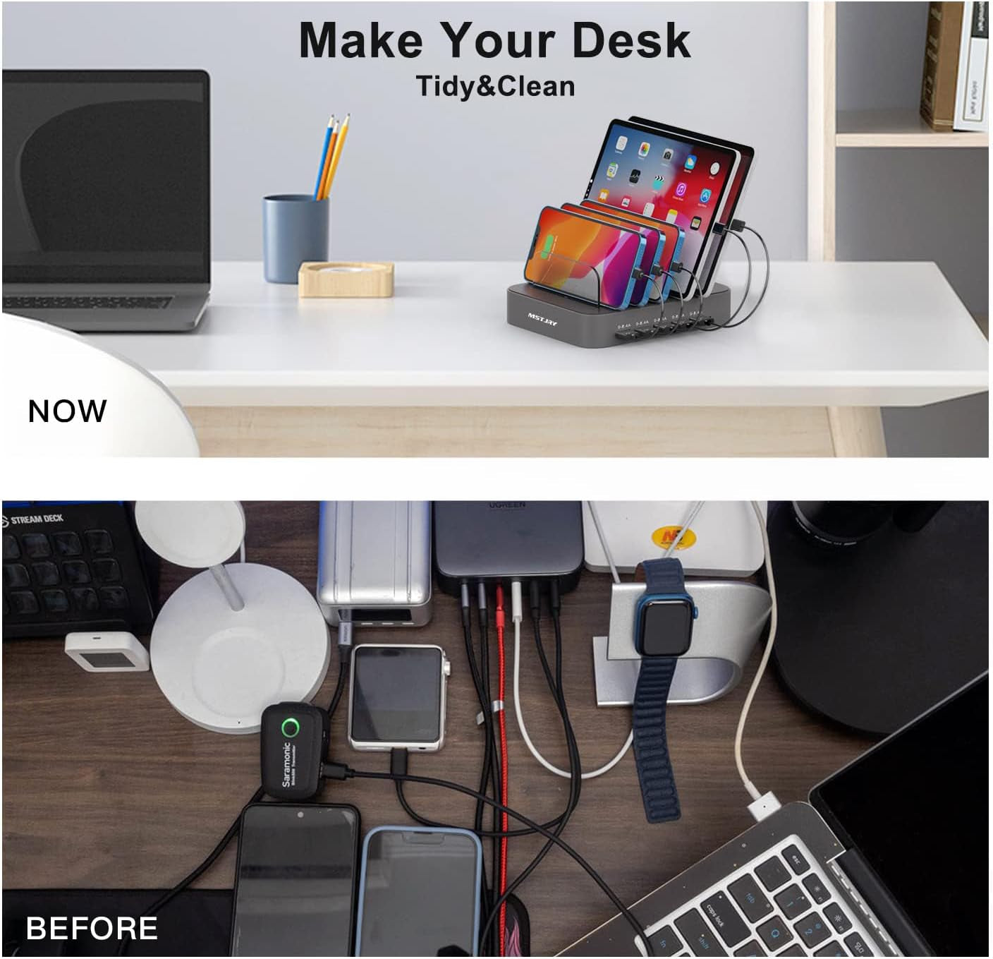 5 Port Multi USB-A Charger Station Designed for Iphone Ipad Cell Phones and Tablets (7 Short Cables Included)