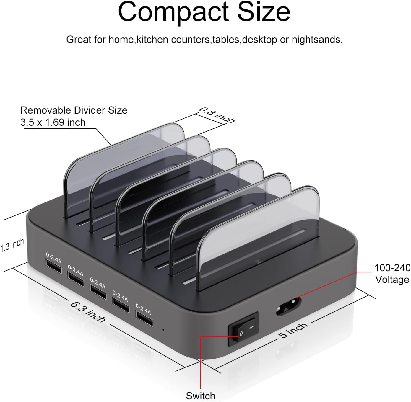 5 Port Multi USB-A Charger Station Designed for Iphone Ipad Cell Phones and Tablets (7 Short Cables Included)