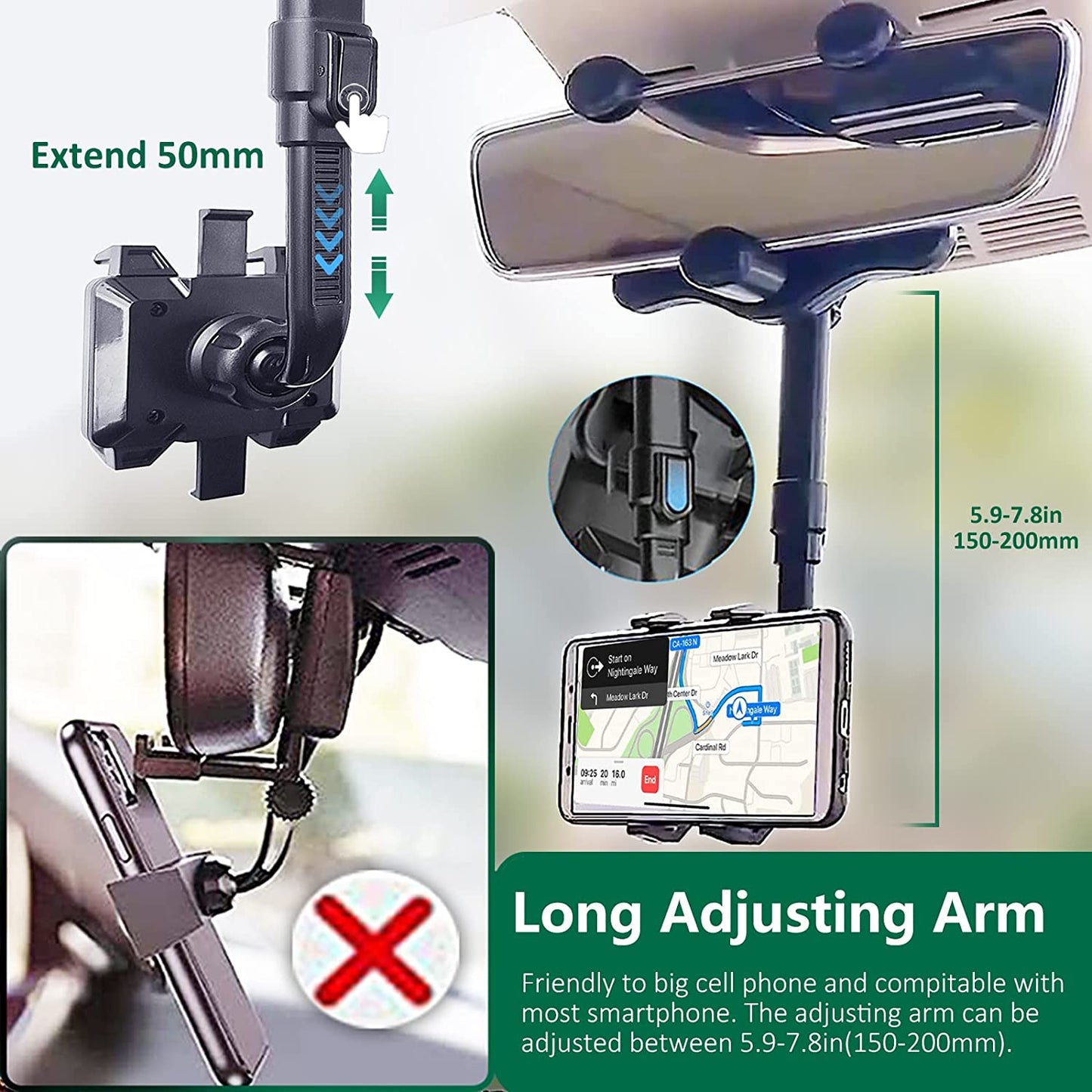 360° Rotating Rear View Mirror Phone Mount with Adjustable Arm Length