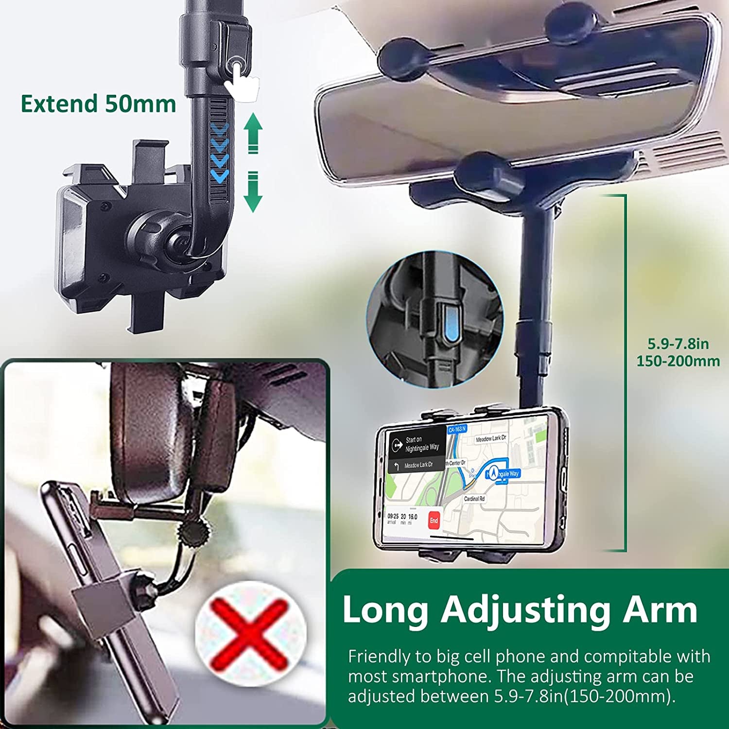 360° Rotating Rear View Mirror Phone Mount with Adjustable Arm Length