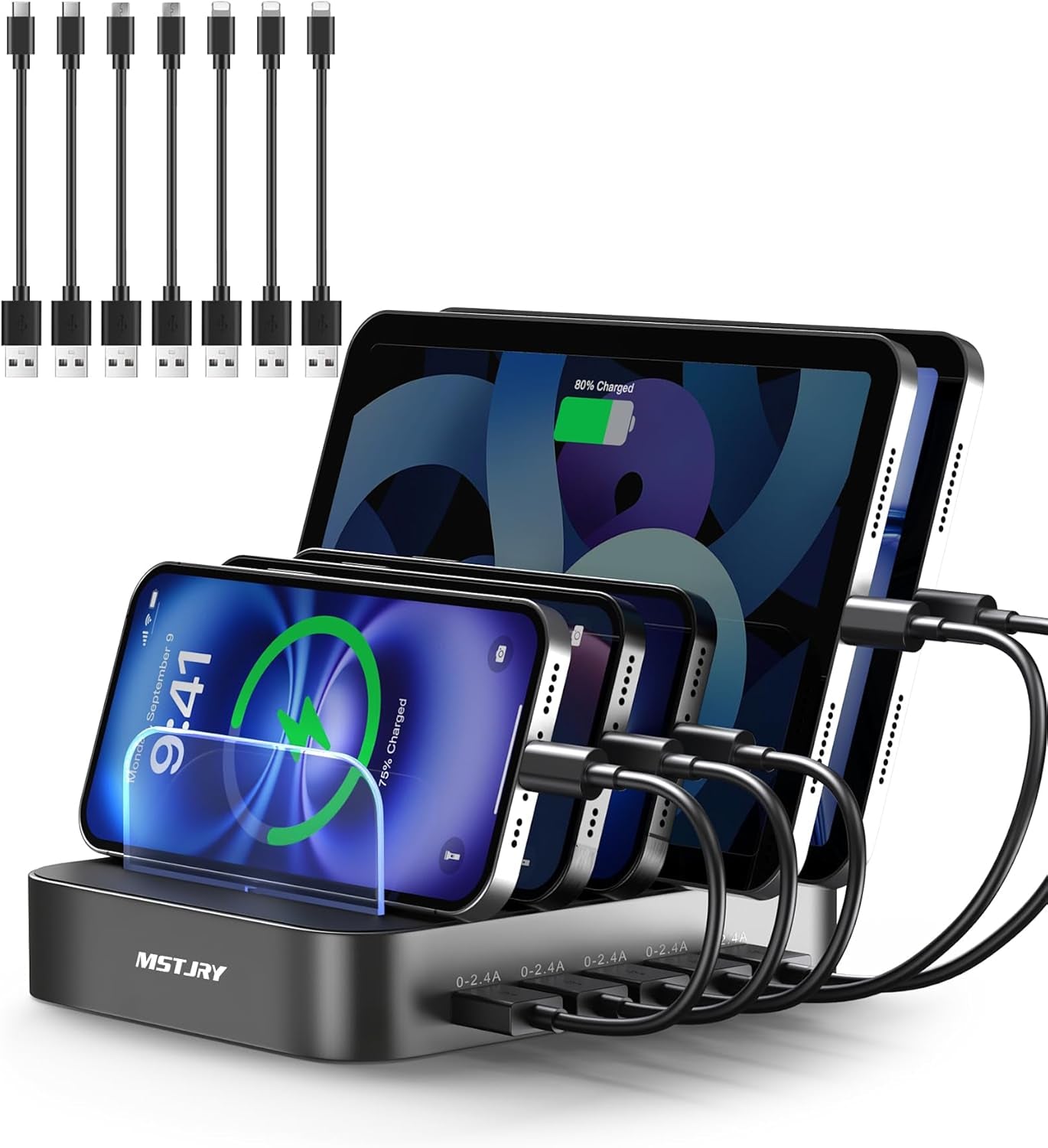 5 Port Multi USB-A Charger Station Designed for Iphone Ipad Cell Phones and Tablets (7 Short Cables Included)