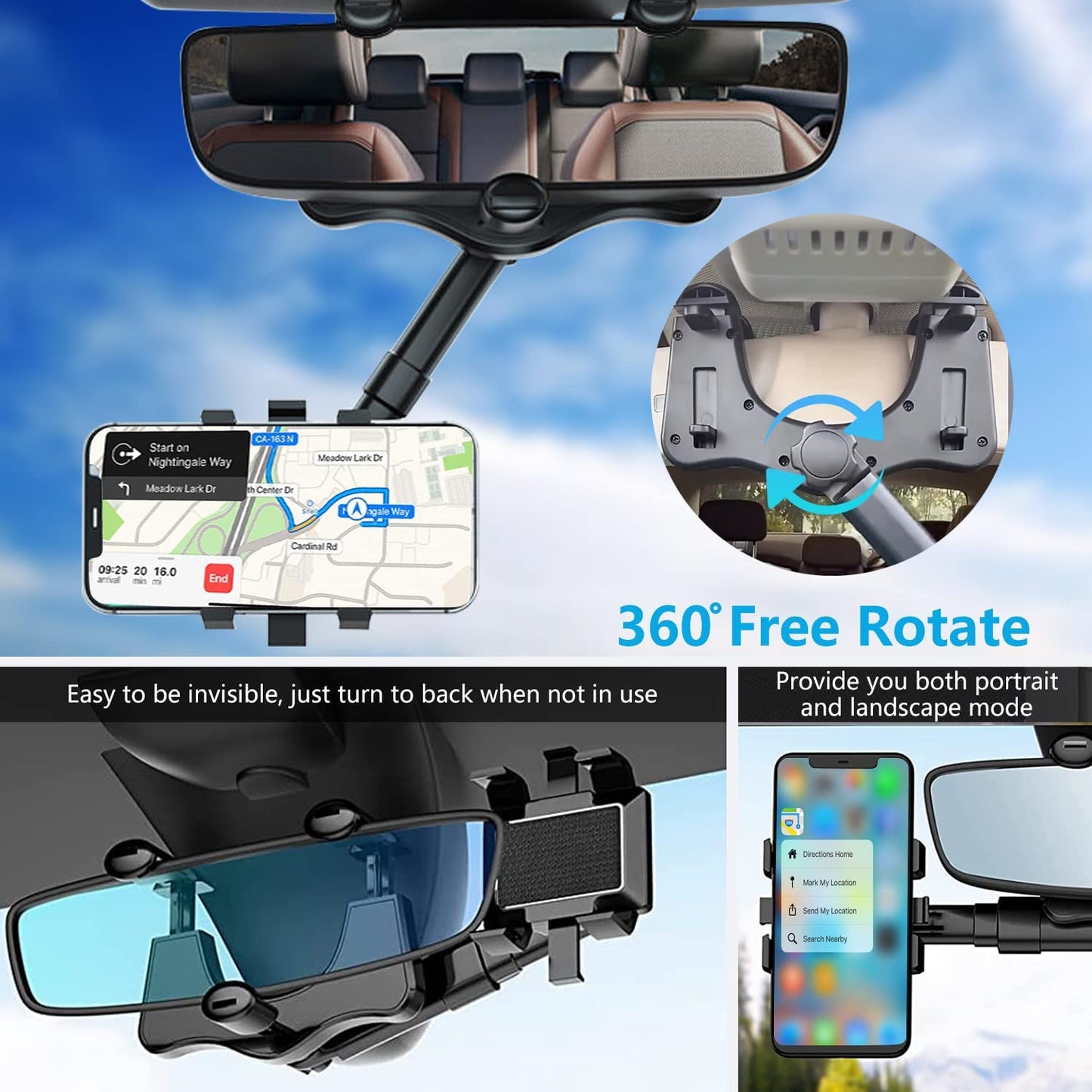 360° Rotating Rear View Mirror Phone Mount with Adjustable Arm Length