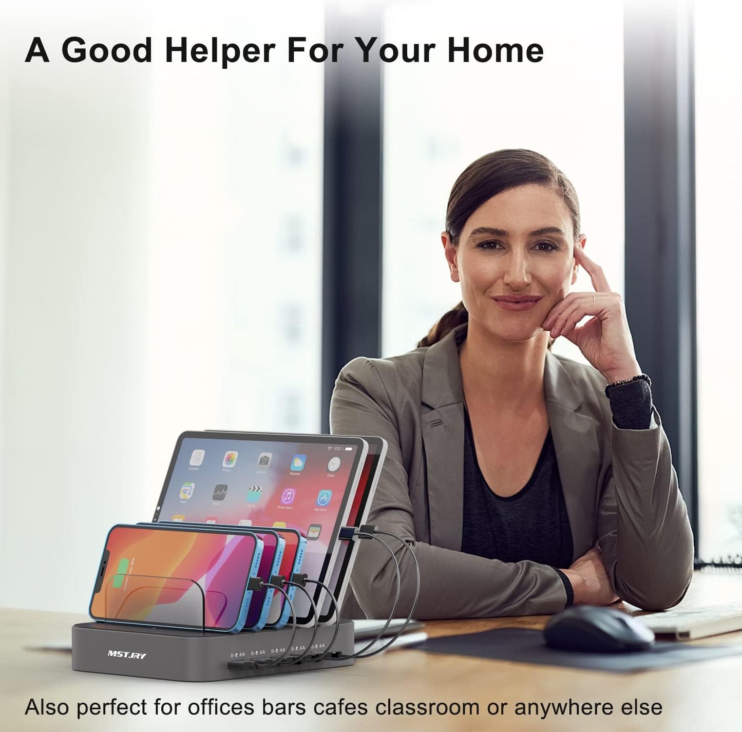 5 Port Multi USB-A Charger Station Designed for Iphone Ipad Cell Phones and Tablets (7 Short Cables Included)