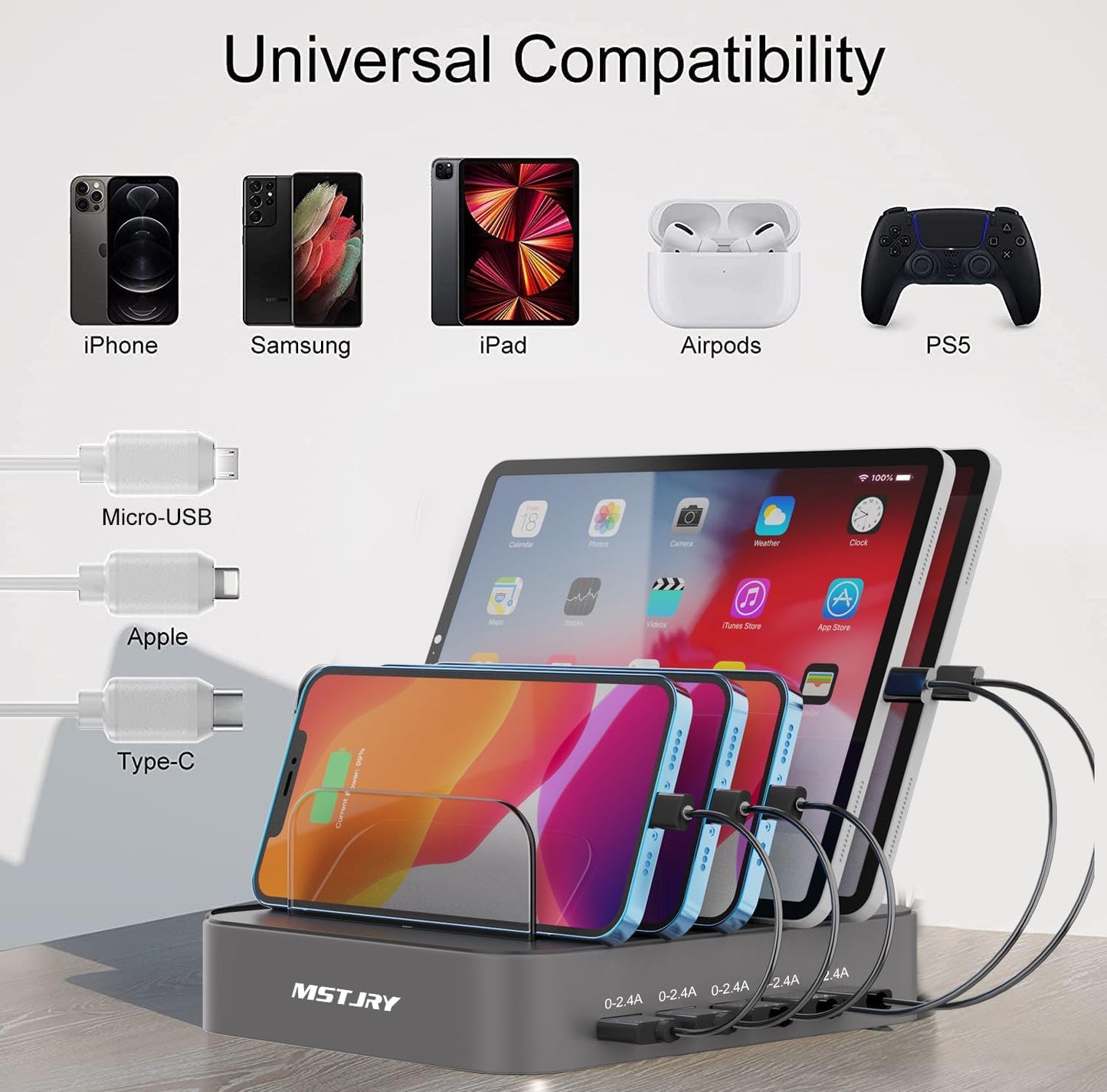 5 Port Multi USB-A Charger Station Designed for Iphone Ipad Cell Phones and Tablets (7 Short Cables Included)