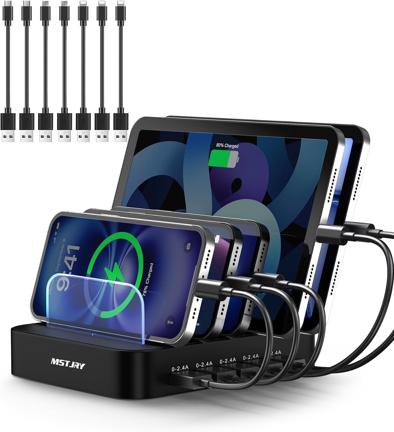 5 Port Multi USB-A Charger Station Designed for Iphone Ipad Cell Phones and Tablets (7 Short Cables Included)