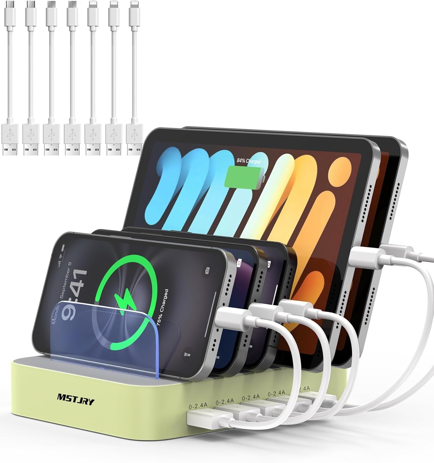 5 Port Multi USB-A Charger Station Designed for Iphone Ipad Cell Phones and Tablets (7 Short Cables Included)