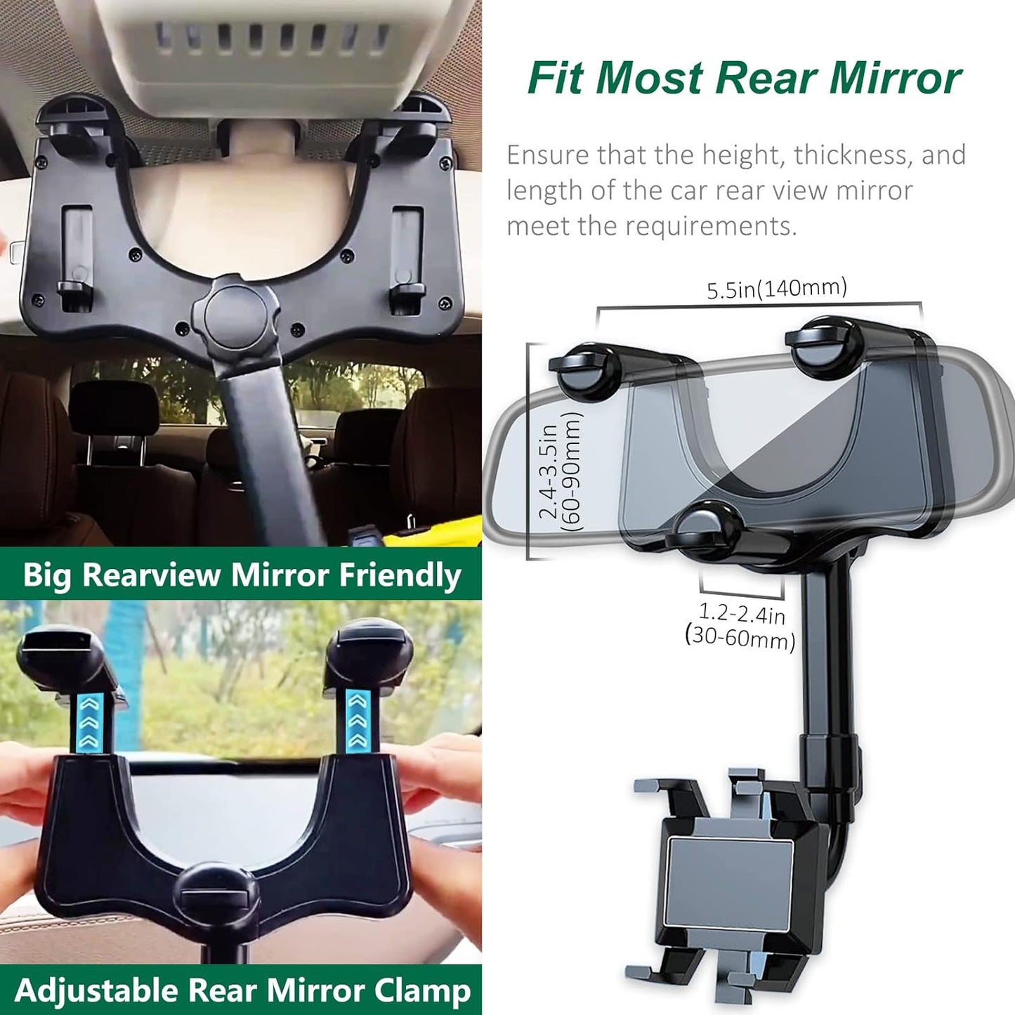 360° Rotating Rear View Mirror Phone Mount with Adjustable Arm Length