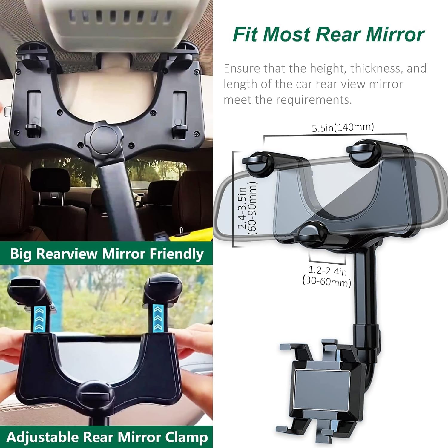 360° Rotating Rear View Mirror Phone Mount with Adjustable Arm Length